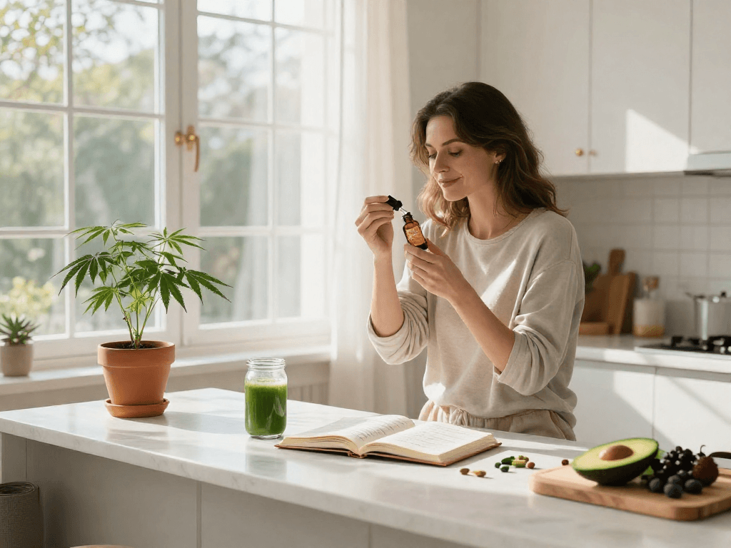 casino français en ligne avec huile de CBD de qualité, plantes naturelles et ambiance de bien-être dans une cuisine moderne.