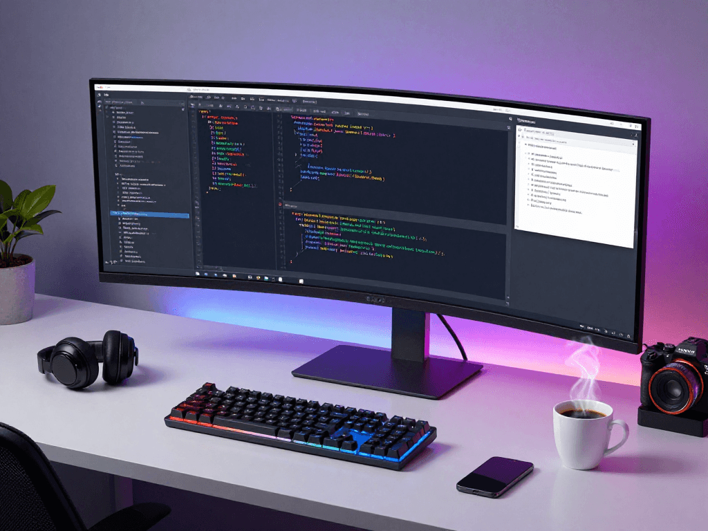 IPTV UK solutions showcased on a modern developer's desk with advanced technology, including software development tools and cloud computing resources.