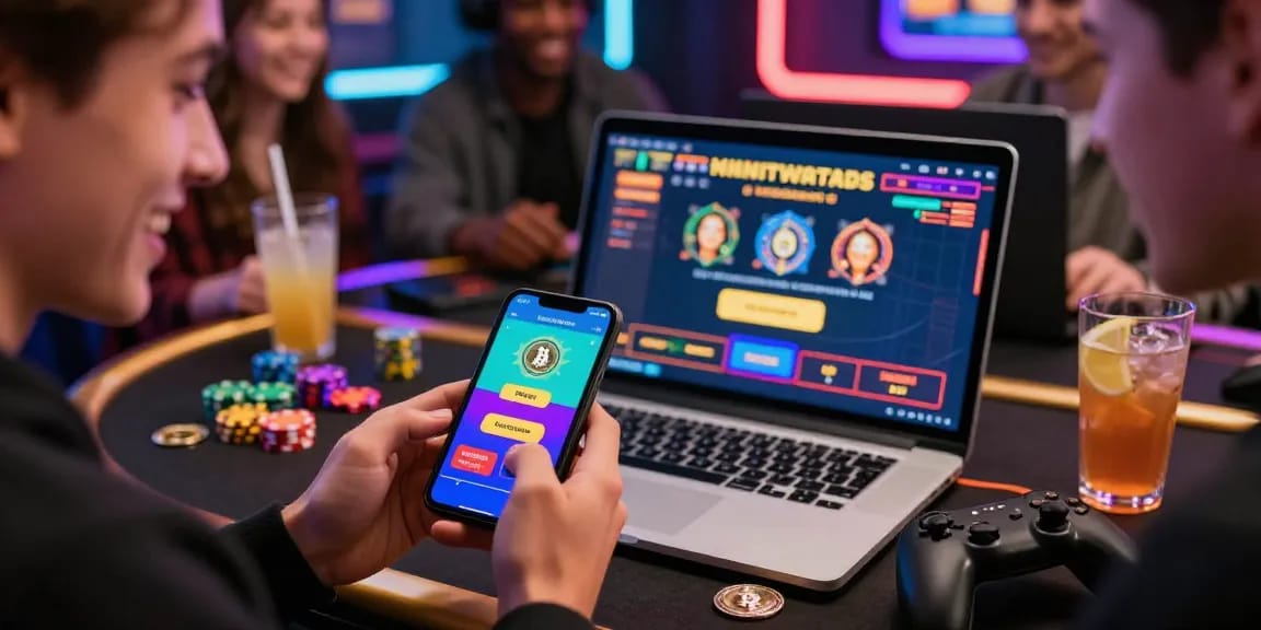 Scène d'un casino en ligne avec retrait instantané mettant en avant des joueurs heureux retirant leurs gains en crypto.