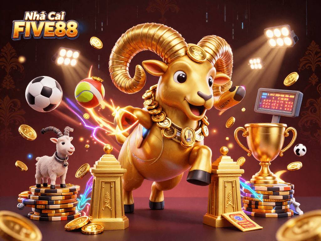 Engage with Nhà Cái FIVE88's exhilarating sports betting scene featuring a golden ram and dynamic game elements.