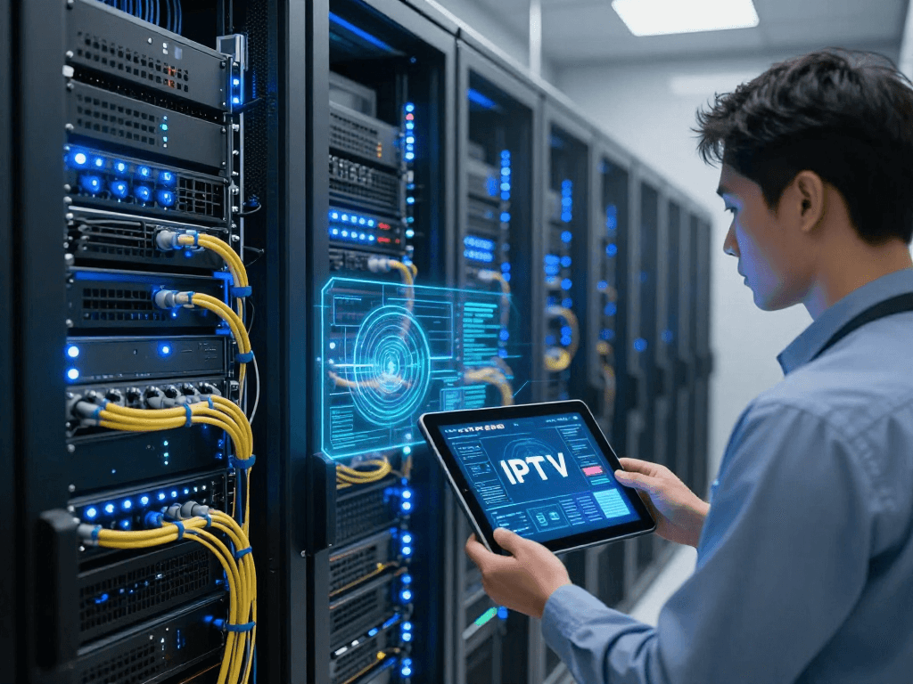 IPTV reseller technology with cloud computing, showcasing advanced server infrastructure and digital platforms for subscription management.