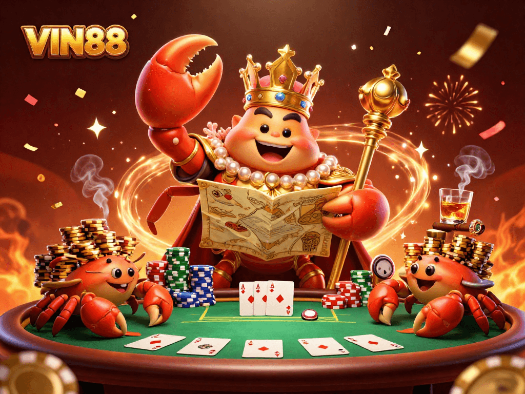 Engage with the vibrant world of VIN88 as golden crab emperor leads in a dynamic casino scene.