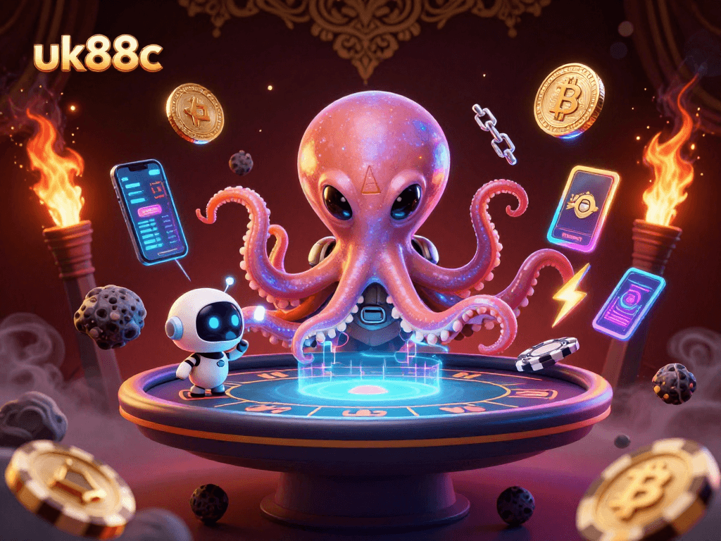 Engage with the cosmic poker scene at uk88c featuring an alien octopus and animated crypto elements.