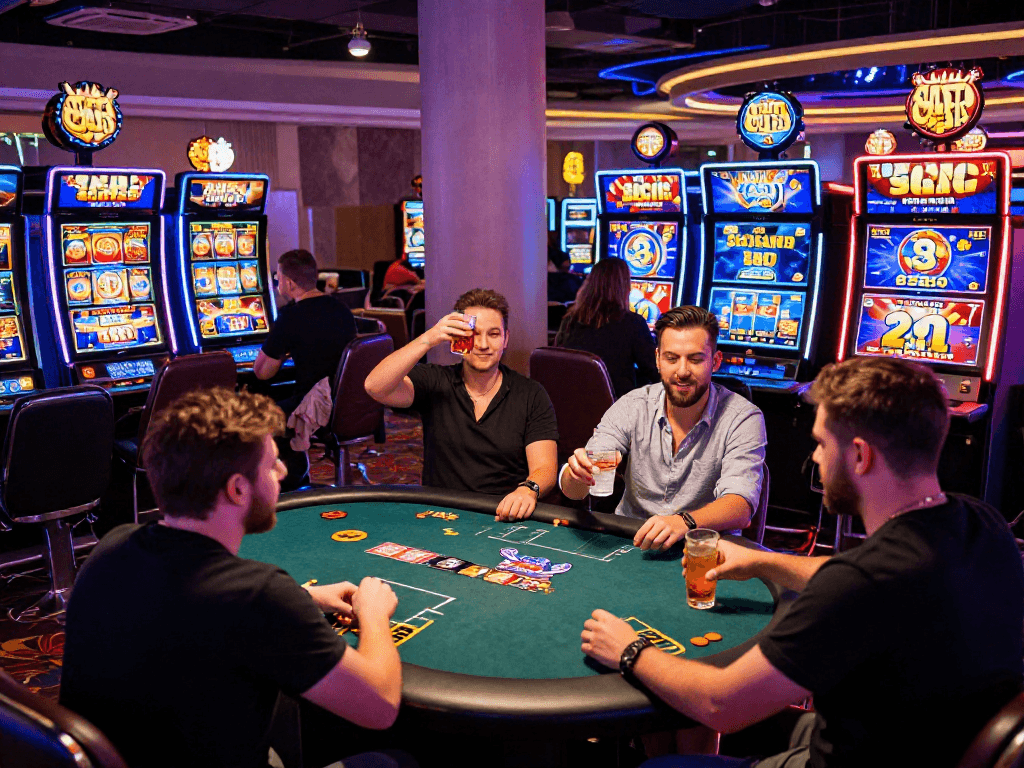 Joueurs profitant d'expériences de casino en ligne avec des lumières vives et des promotions.