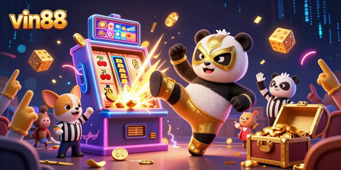 Experience the thrilling vin88 casino scene with a wrestler panda and animal spectators celebrating jackpots.