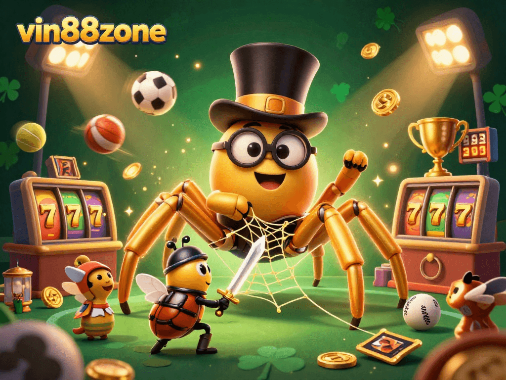 Explore the vibrant vin88zone casino scene featuring characters, golden elements, and gaming excitement.
