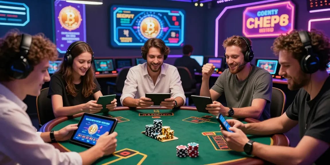 Expérience de jeu animée dans un casino en crypto, montrant des joueurs utilisant des appareils numériques au milieu d'une ambiance festive et moderne.