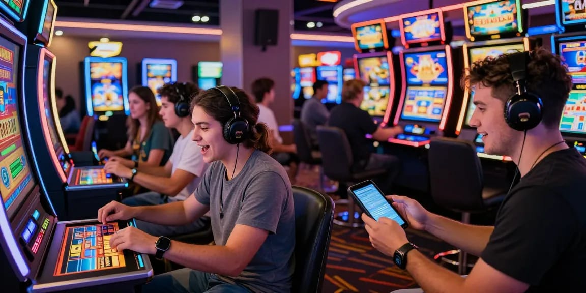 Scène animée de nouveaux casinos en ligne, joueurs engagés avec machines à sous futuristes et croupiers en direct, ambiance dynamique.