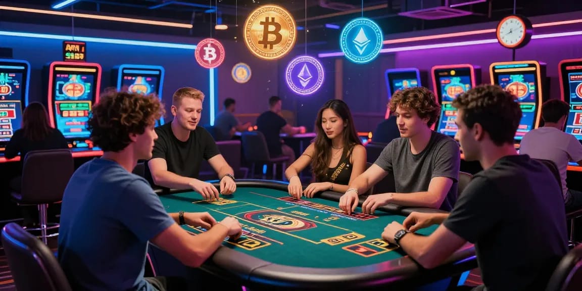 Scène de casino crypto avec retrait instantané, joueurs engagés autour d'une table moderne avec des options de cryptomonnaies et des gains rapides.