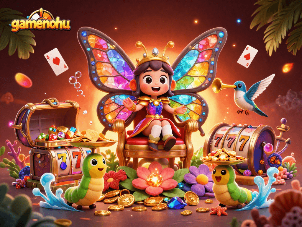 Spin vibrant slot reels with gamenohu amidst enchanting 3D casino art featuring golden chips and treasures.