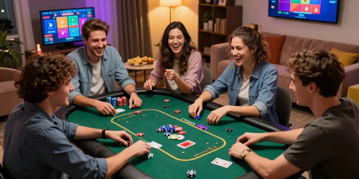 Une partie de casino français en ligne avec amis, ambiance chaleureuse et joyeuse.