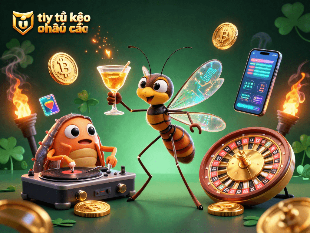 Engage with tỷ lệ kèo nhà cái in this vibrant 3D casino scene showcasing a frozen mosquito mascot, trilobite DJ, and golden roulette.