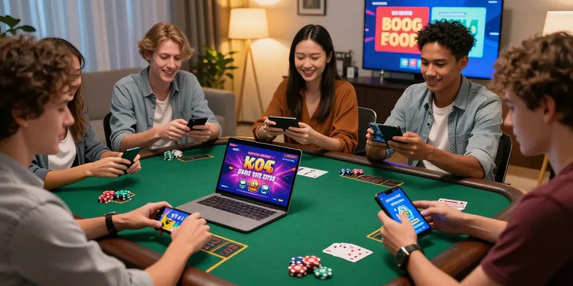 Une scène de casino en ligne avec des amis jouant à des jeux sur leurs appareils, ambiance conviviale et interactive.