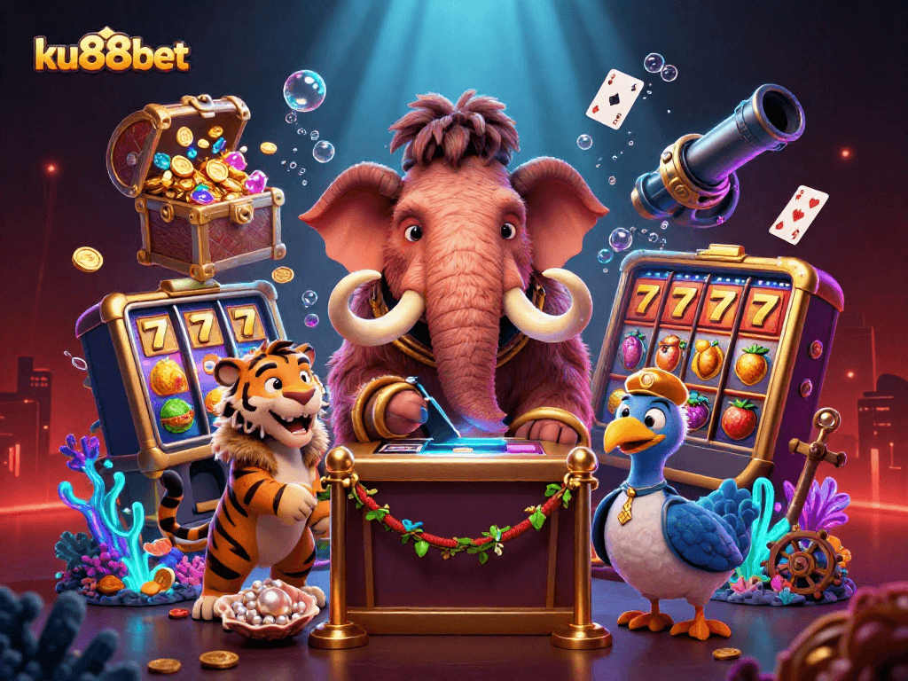 ku88bet's vibrant casino scene with a mammoth bouncer and immersive game elements