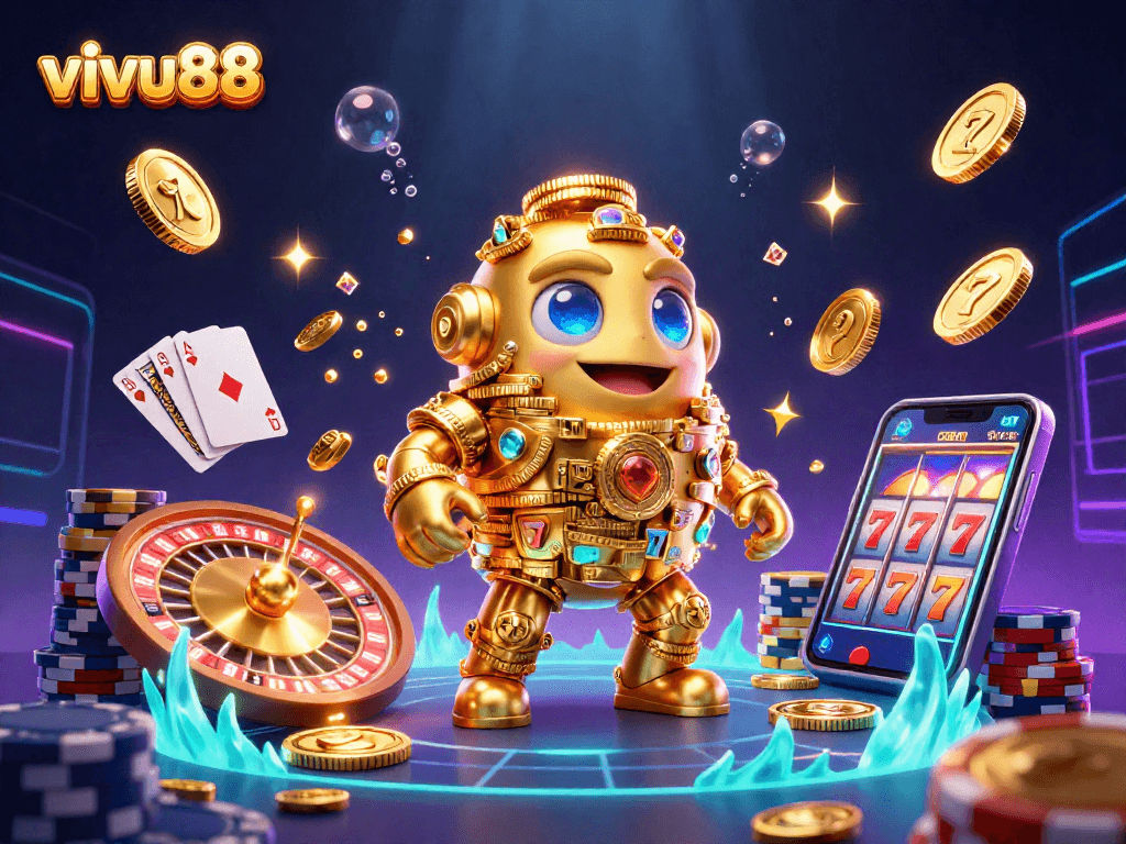 Experience the thrill of vivu88 with a vibrant casino scene featuring a golden golem and dynamic game elements.