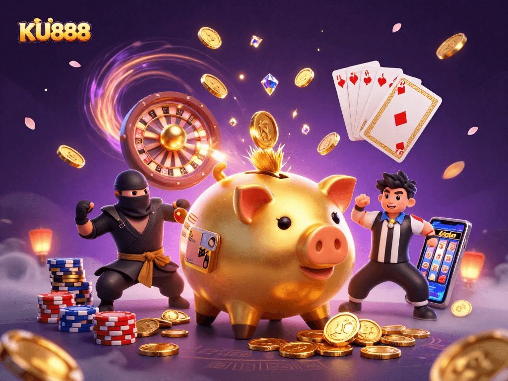 Experience the thrill of KU888's vibrant casino world featuring dynamic characters and elements.