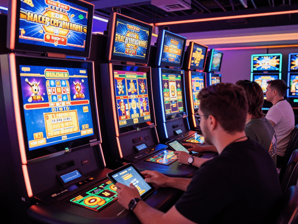Casino français en ligne avec joueurs engagés devant des machines à sous et des croupiers en direct dans une ambiance dynamique.