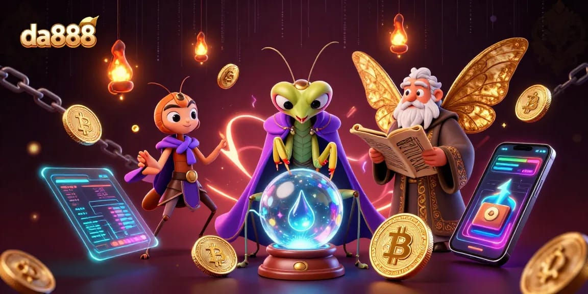 Play with da888 in a vibrant casino scene featuring mystical beings and crypto elements.