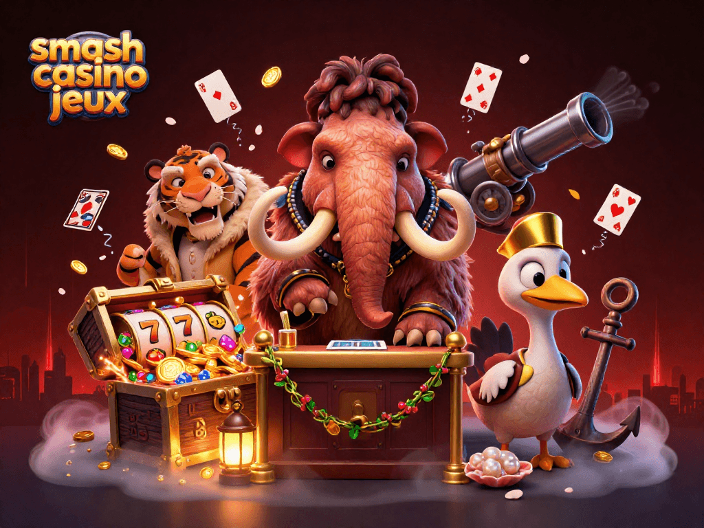 Un mammouth vérificateur d'identité à l'entrée de smash casino jeux, entouré de trésors et de symboles de jeu.