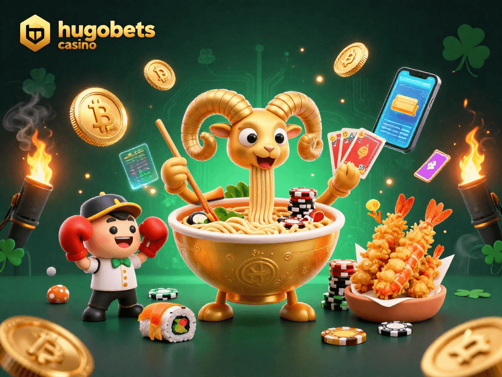 Experience the vibrant world of hugobets casino with a dynamic illustration showcasing crypto and casino elements.