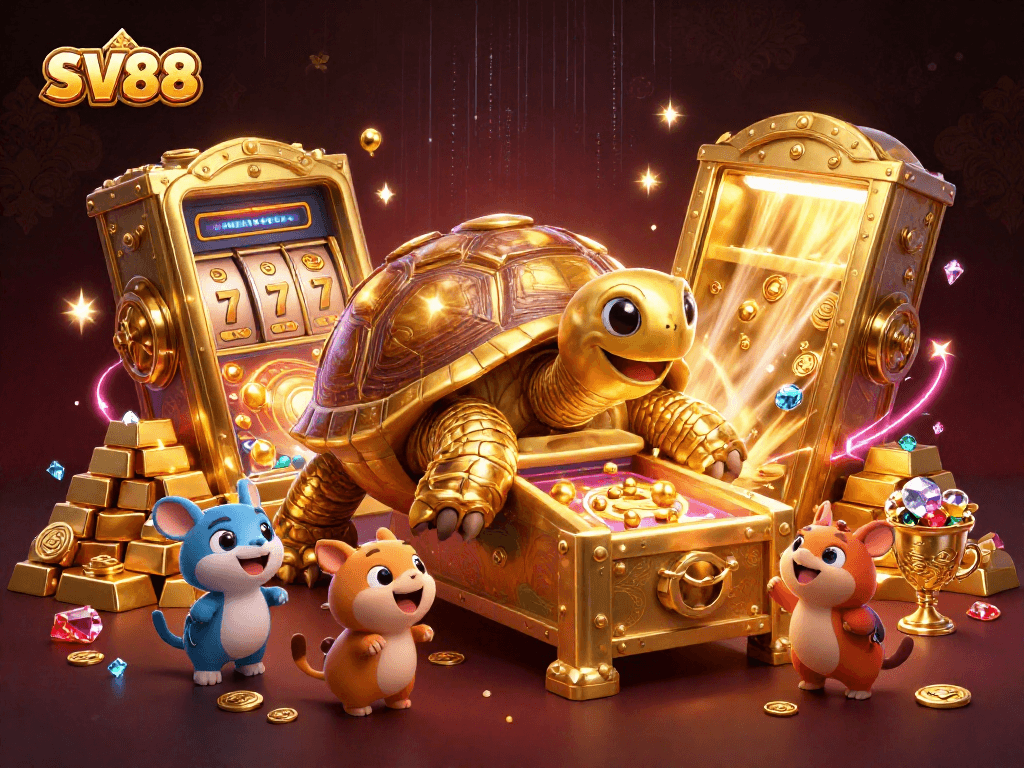 Experience the excitement of SV88 with a dynamic illustration of a golden tortoise pinball machine and animals awaiting their turn.