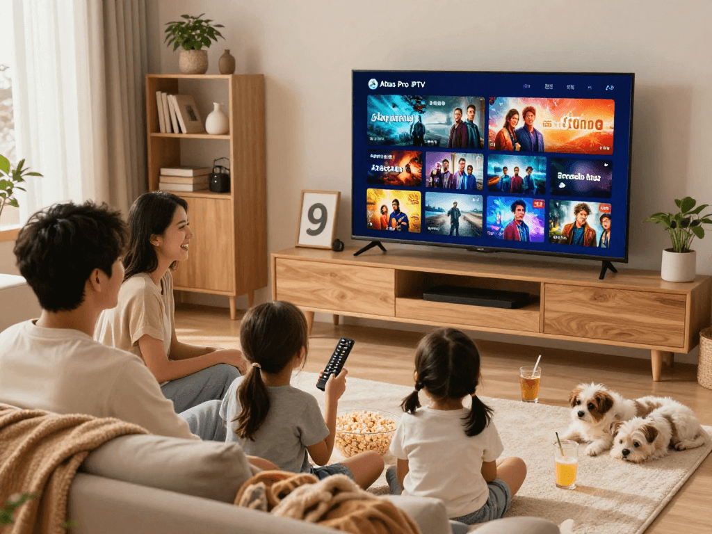 Famille profitant du service Atlas Pro avec IPTV dans leur salon, ambiance chaleureuse et conviviale.