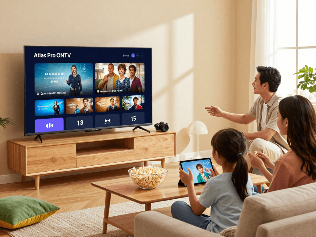famille profitant de l'application atlas pro ontv sur Smart TV dans un salon accueillant