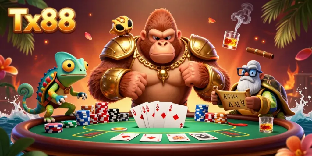 Engage in thrilling casino excitement with Tx88, featuring a gorilla king, chameleon, and tortoise in action.