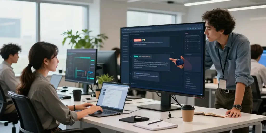 Developers engaging with uncensored AI chat technology in a modern workspace.