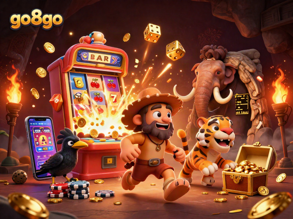 Experience go8go's thrilling casino excitement with a vibrant prehistoric gaming scene.