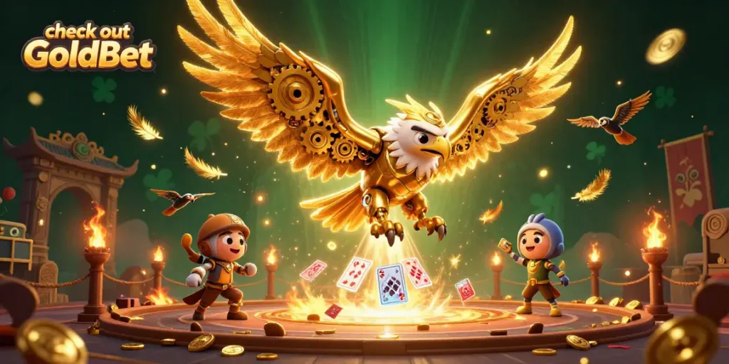 Check out GoldBet with a dynamic scene featuring a golden eagle amidst holographic cards and enchanting casino elements.