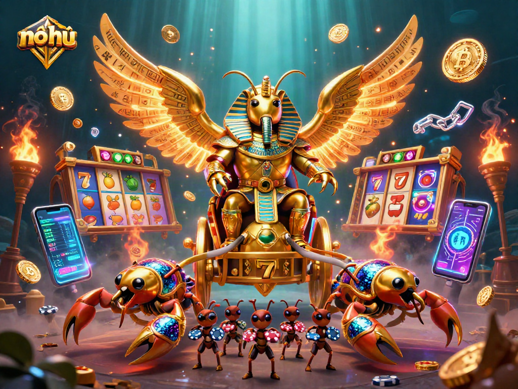 Engage in nổ hũ gaming with vibrant slots and iconic casino symbols featuring a golden scarab.