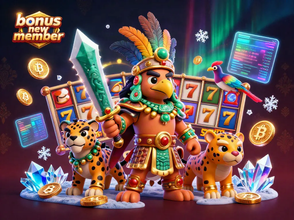 Engage with the bonus new member promotion featuring exciting slot reels and dynamic characters in a vibrant casino illustration.