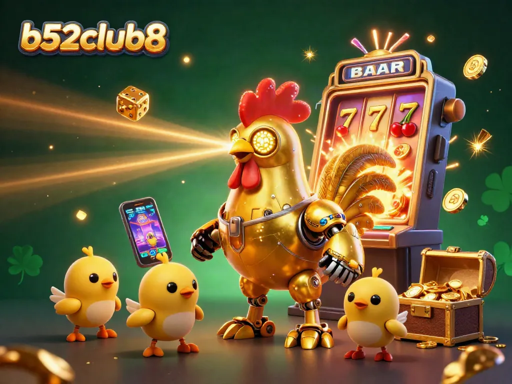 Engage in thrilling gaming with b52club8's 3D dynamic casino illustration featuring adventurous robots and jackpot symbols.
