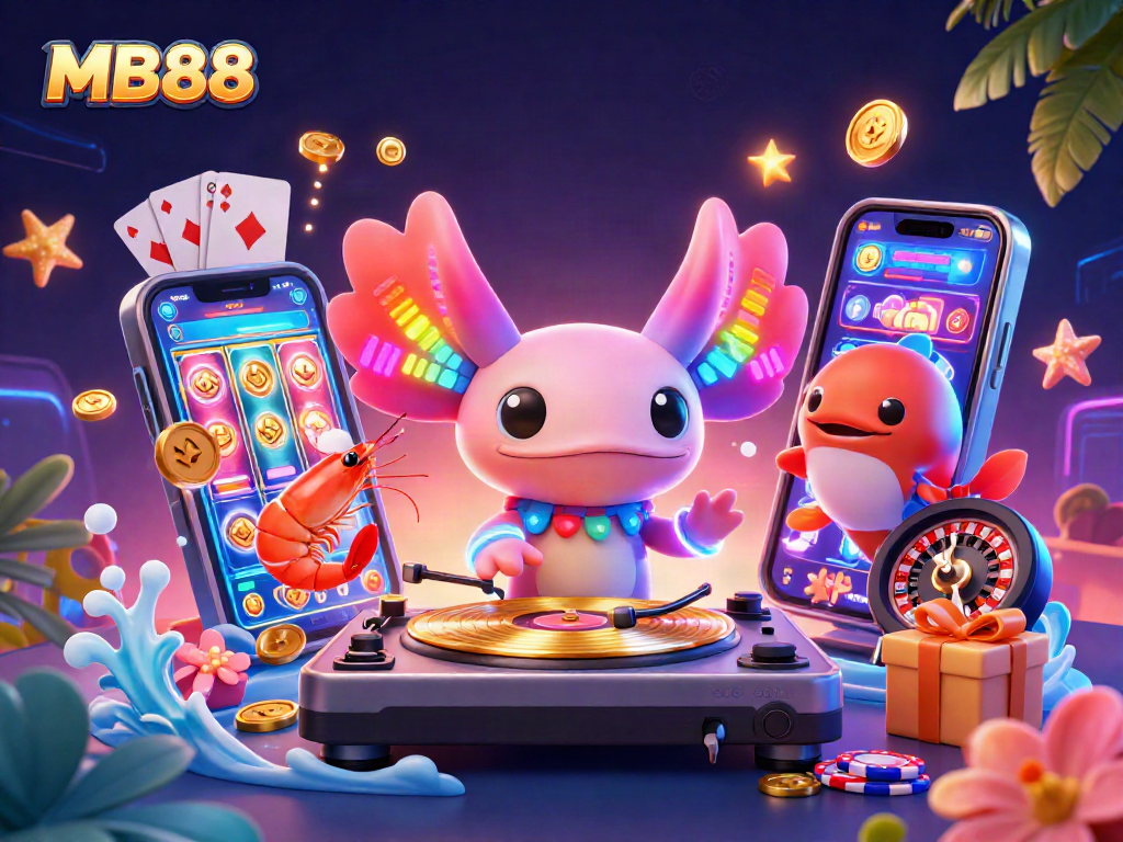 Dive into the thrilling MB88 casino experience with vibrant axolotl DJ and energetic sea creatures.