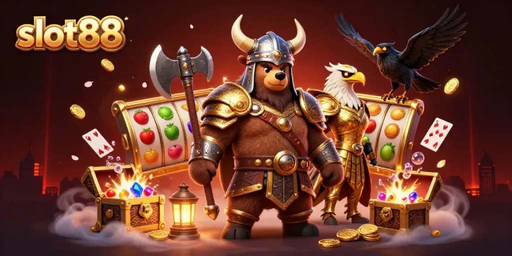Experience the thrill of slot88 with vibrant symbols and immersive characters in this captivating illustration.