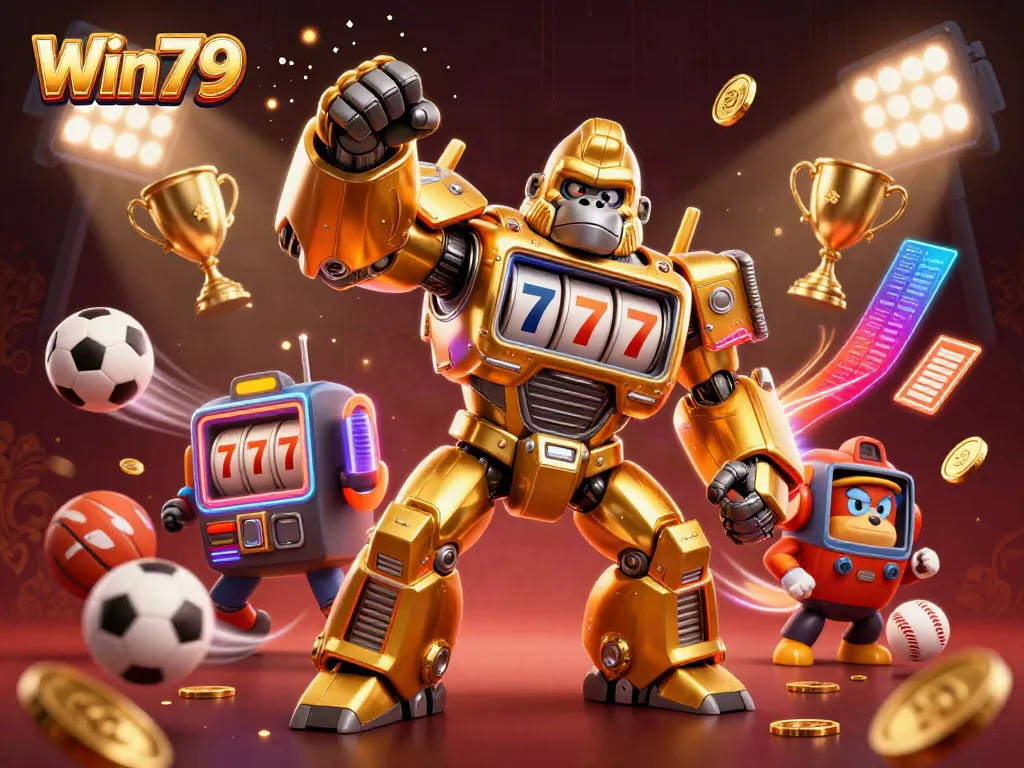 Win79 gorilla mech celebrates with coins and dynamic sports elements, merging casino excitement.