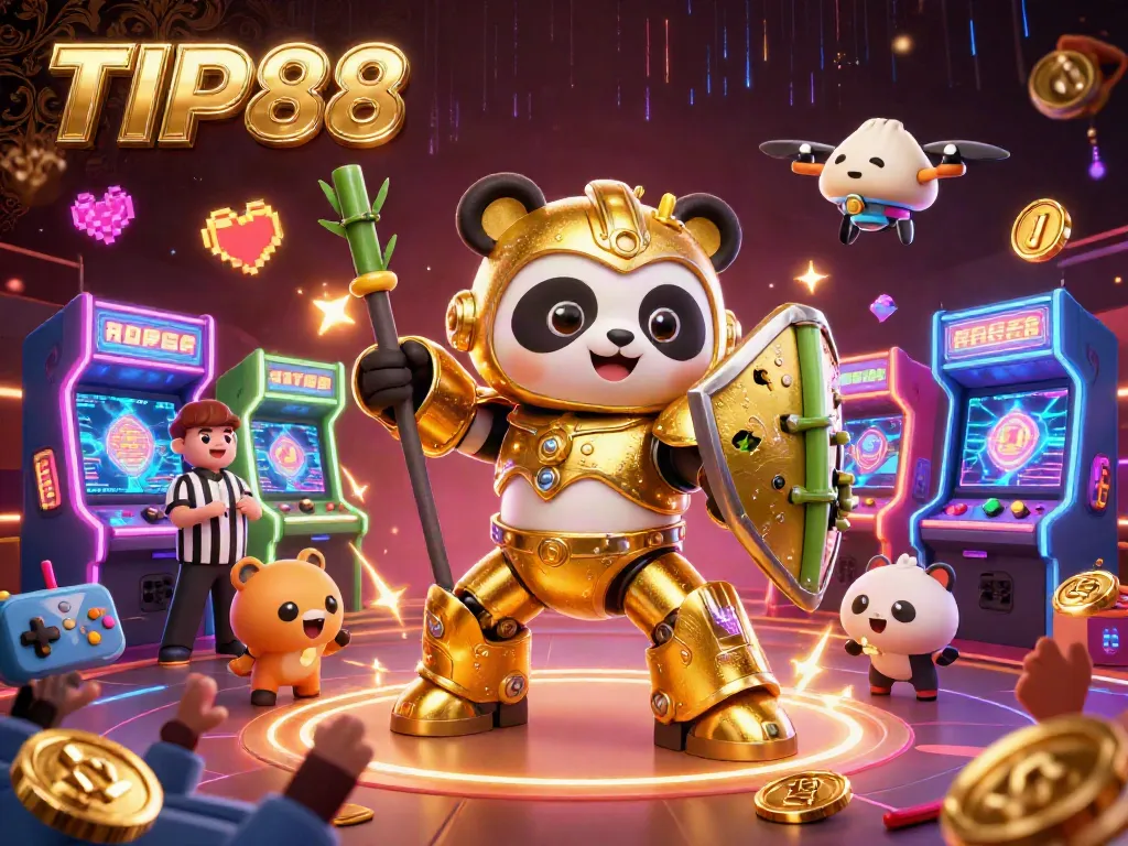 Engage with TIP88 through dynamic gaming with a 3D golden panda in a lively casino arena.