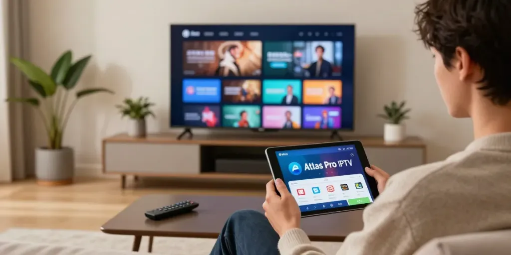 Utilisateur tranquille utilisant Atlas Pro IPTV sur tablette dans un salon moderne.