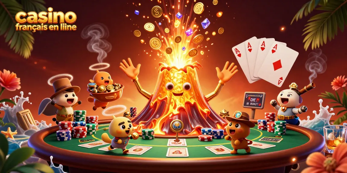 Jouer au casino français en ligne avec des personnages animés et des éléments de poker en arrière-plan.