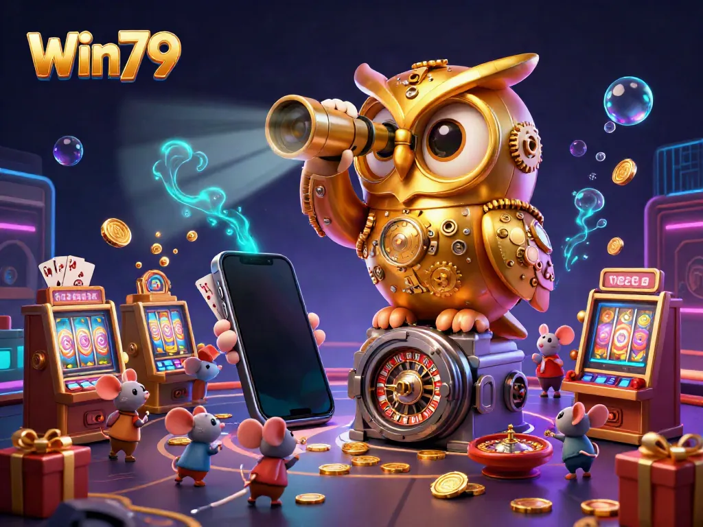 Play games like slots at Win79 featuring a golden owl and rich casino elements in a colorful scene