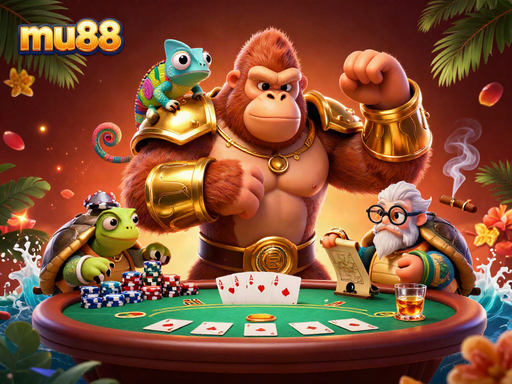 Experience the thrill of mu88 with dynamic poker action featuring a gorilla king and colorful companions.