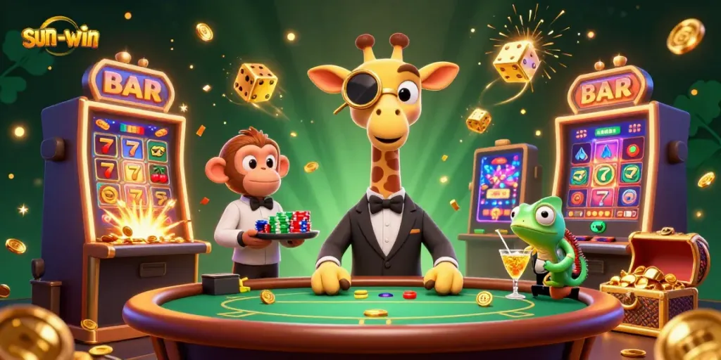 Experience the thrill of sun-win at a vibrant casino with a high-roller giraffe, exciting games, and golden jackpots!