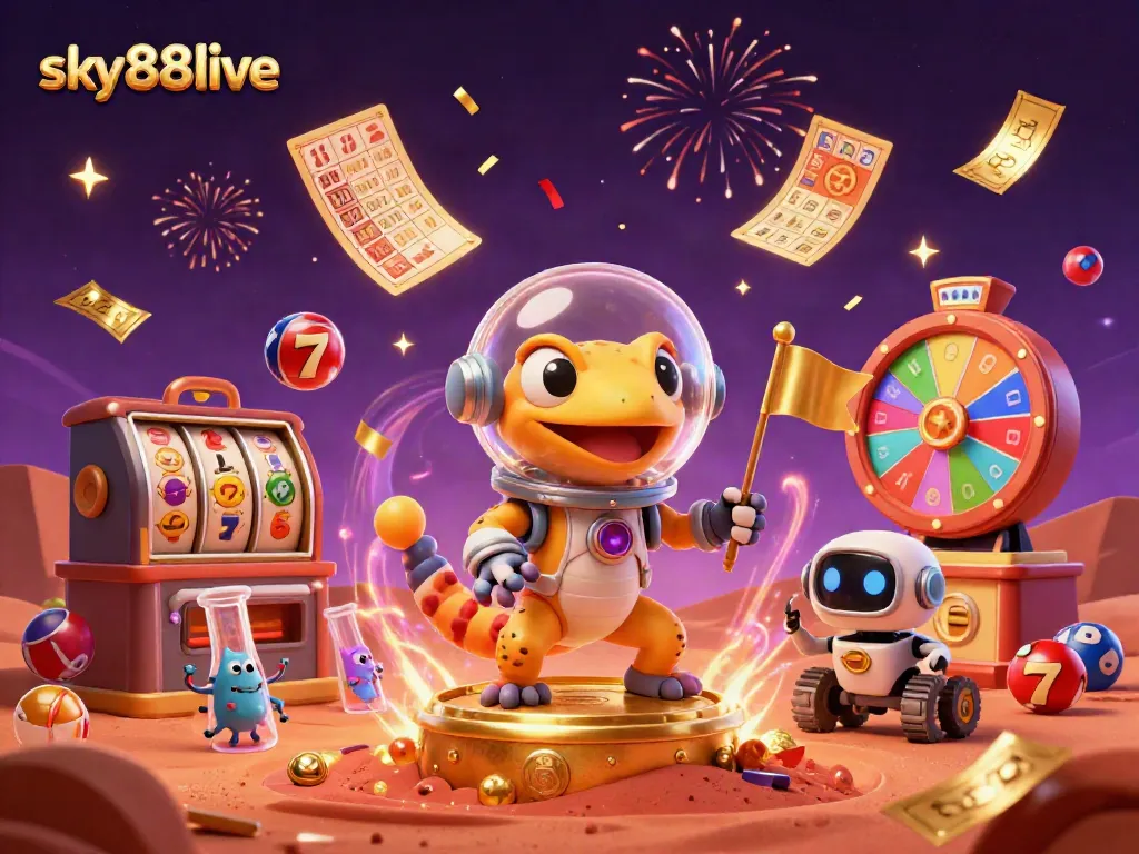 Experience the thrill of sky88live with a Martian gecko discovering a golden casino in a dynamic and vibrant scene.