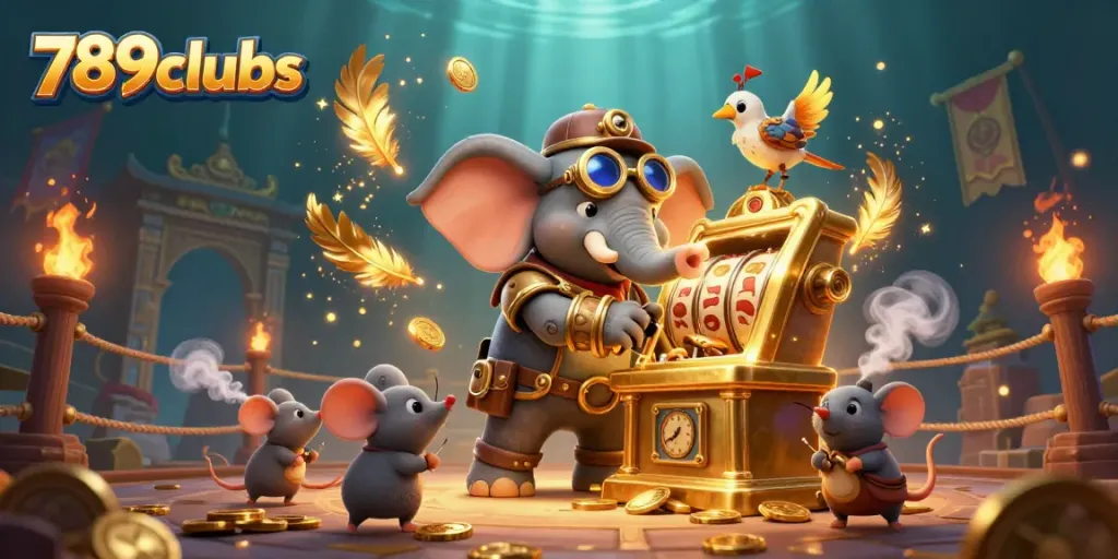 Experience thrilling gaming action at 789clubs with a steampunk elephant and dynamic slot machine in an exciting casino landscape.