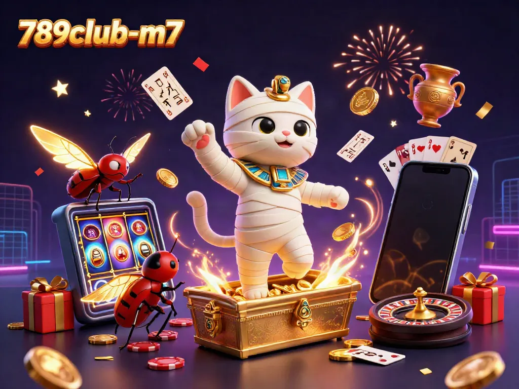 Experience excitement at 789club-m7 with a lively illustration of a casino scene featuring an Egyptian mummy cat.