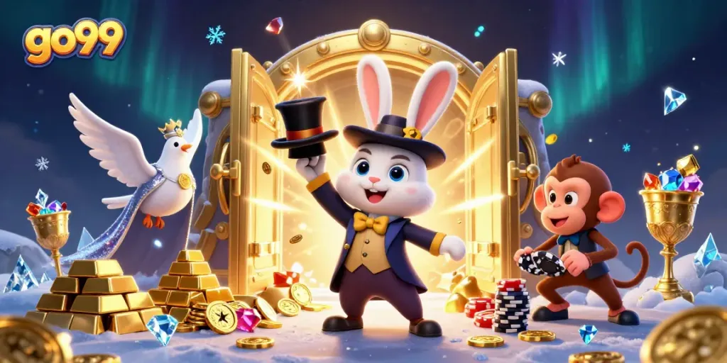 Experience go99's thrilling casino world with magical elements and characters celebrating riches.