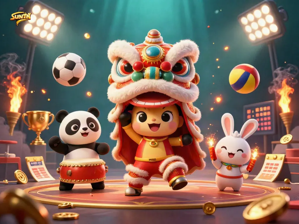 SUNWIN engages bettors with a festive lion dance illustration, showcasing vibrant casino elements.