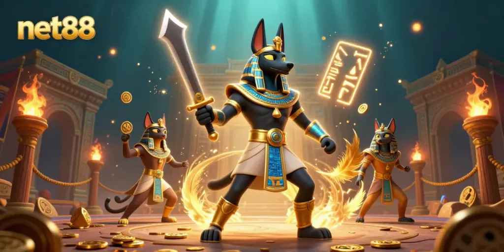 Experience thrilling gaming at net88 with ancient warrior Anubis and Bastet in a vibrant online casino atmosphere.