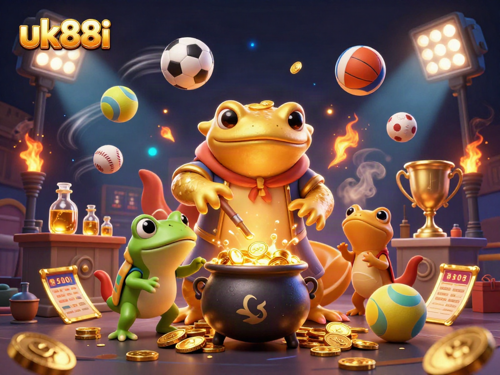 Betting with uk88i: a vibrant depiction of a golden salamander alchemist and sports elements.